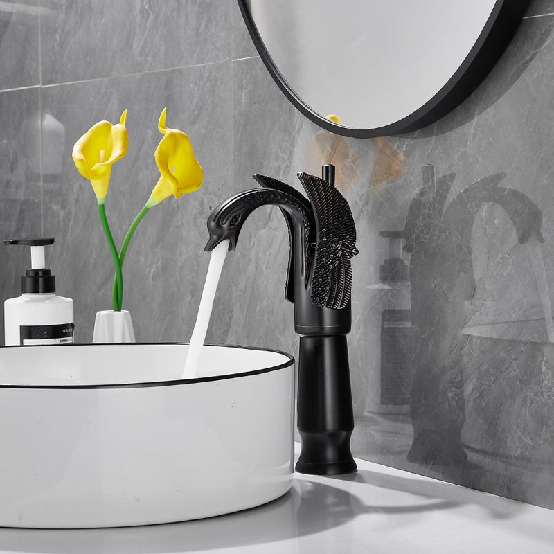 GGStudy Oil Rubbed Bronze Swan Shape Single Handle One Hole Bathroom Vessel Sink Faucet Deck Mount Lavatory Sink Faucet - Image 3